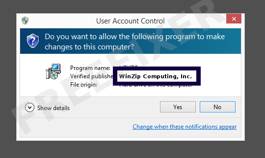Screenshot where WinZip Computing, Inc. appears as the verified publisher in the UAC dialog